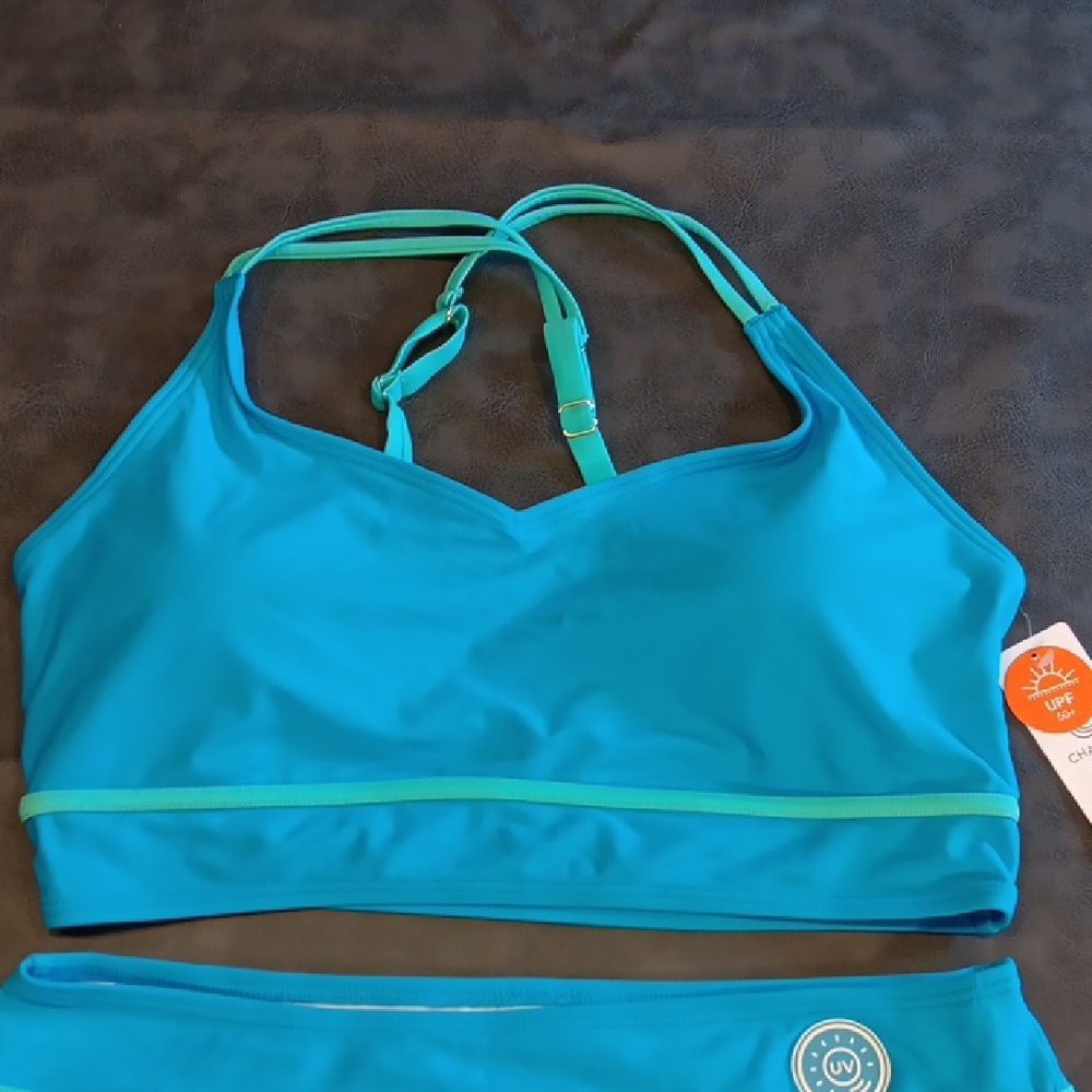 NWT. CHARMO Vibrant Aqua  Sporty High-waist Bikini Set with Lime Details - Picture 2 of 8